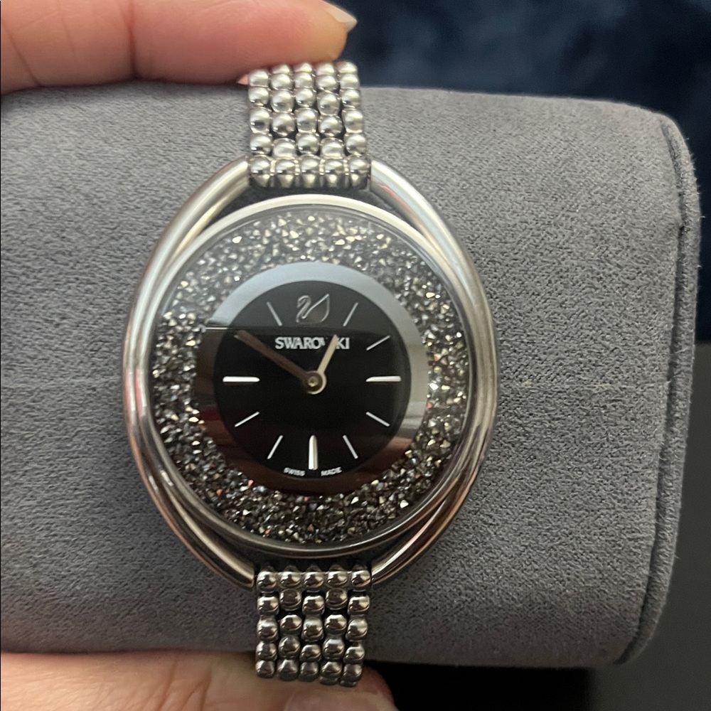 Swarovski Silver Crystal Halo Women's Watch with Black Dial
